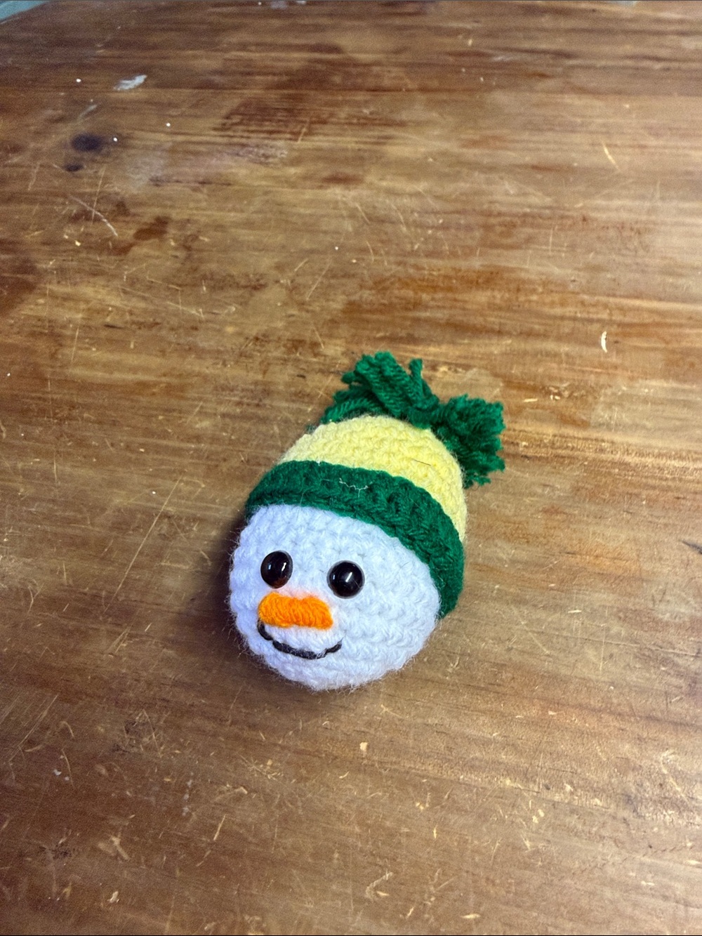 Handmade White Snowman Plush Toy with Green and Yellow Hat